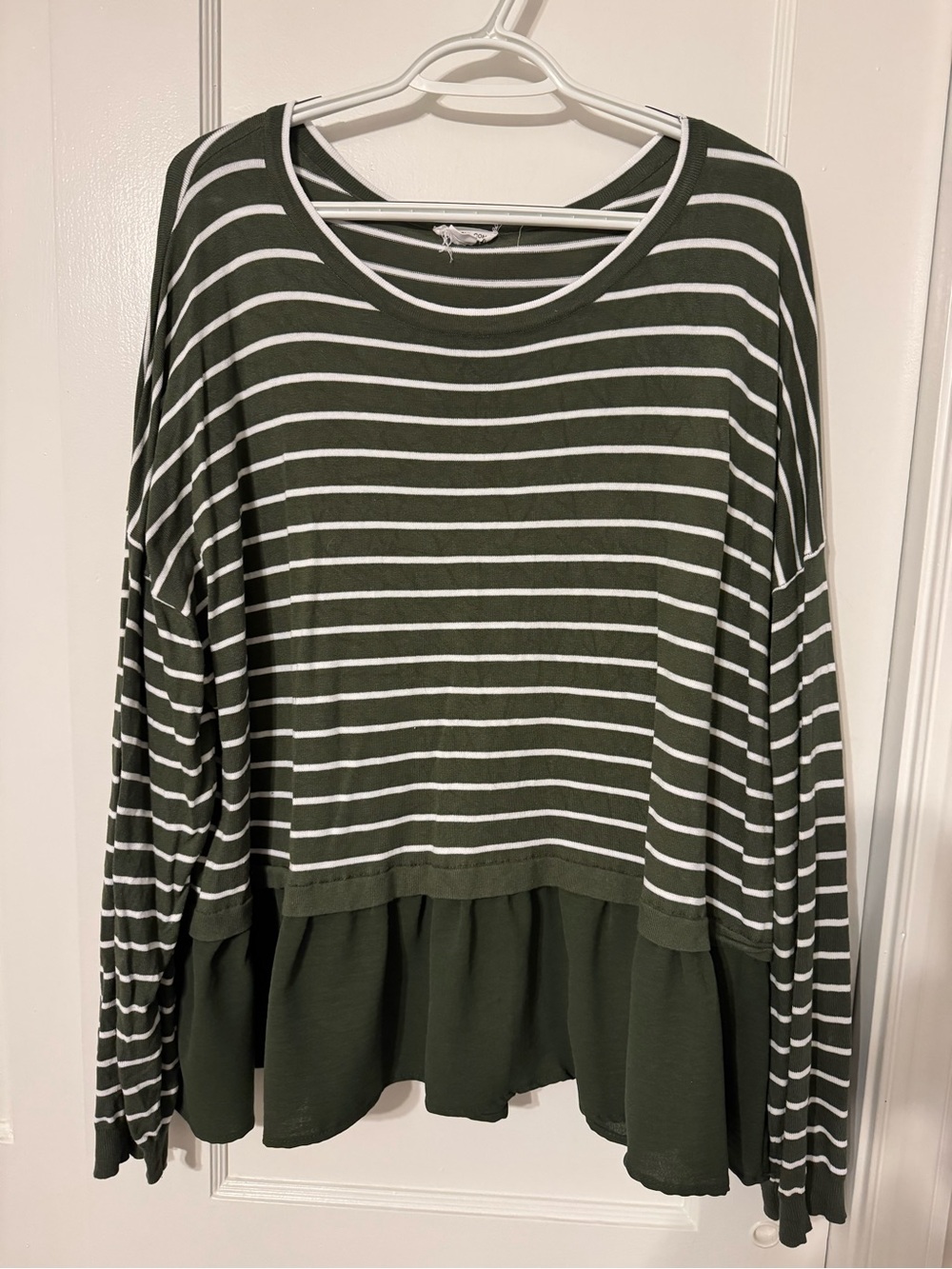 Chic Soul Olive Green & White Striped Ruffle-Hem Peplum Top